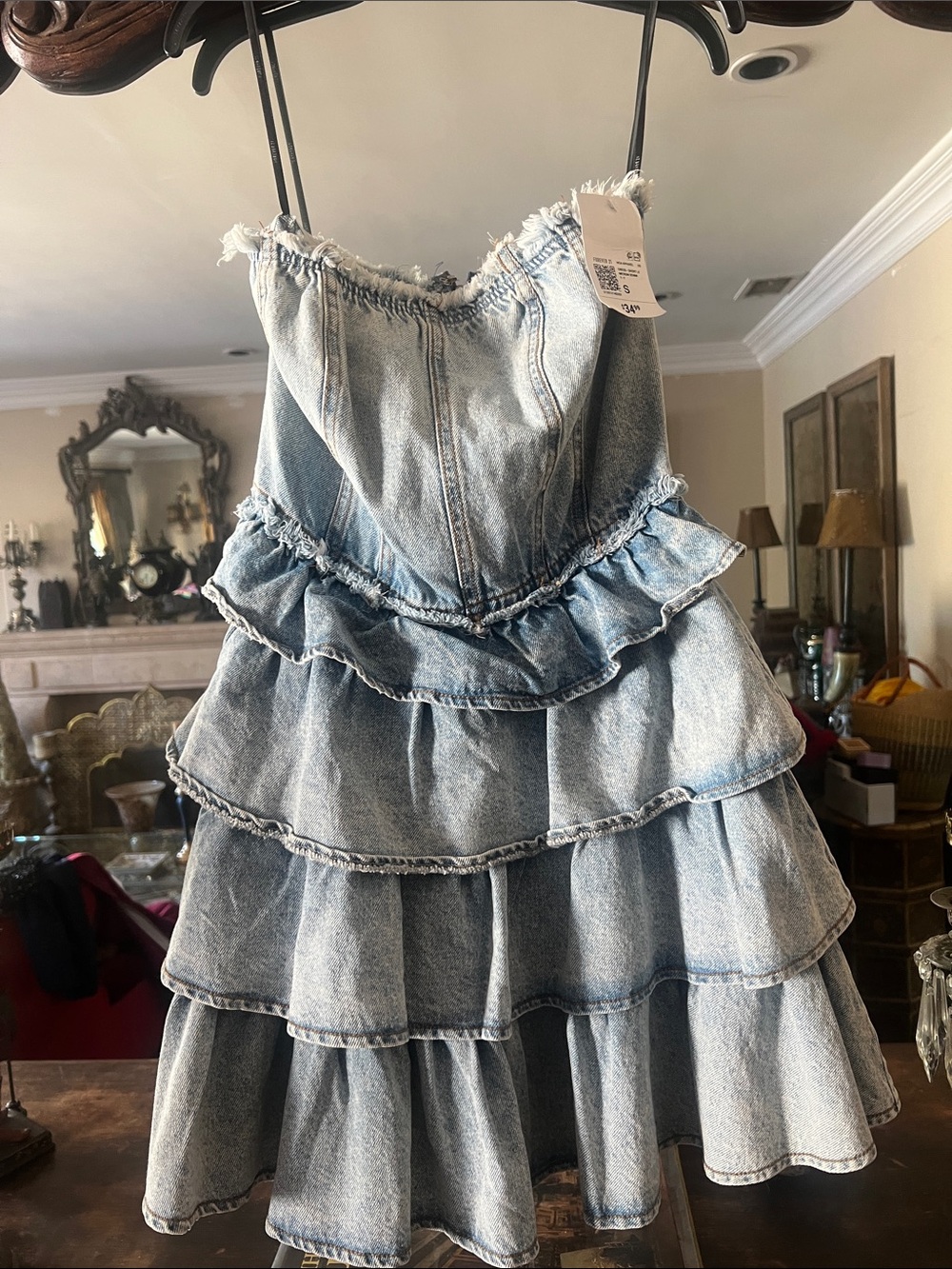 Forever 21 Light Wash Tiered Denim Mini Dress